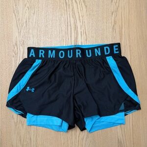 NWT- Under Armour Women's Play Up 2 in 1 Athletic Shorts in Black and Blue